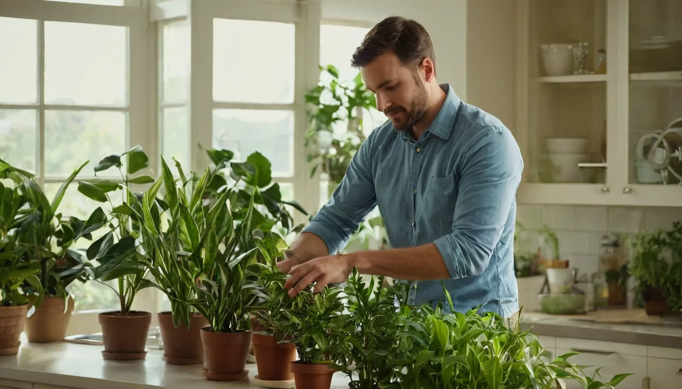 Man arranging potted plants on a kitchen counter near windows