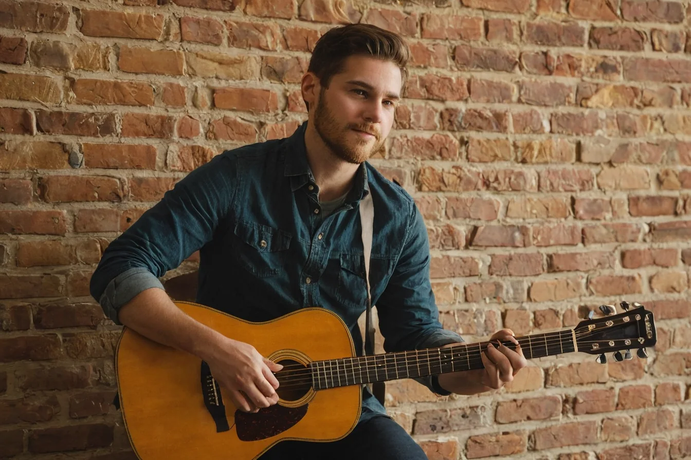 Man holding acoustic guitar against brick wall