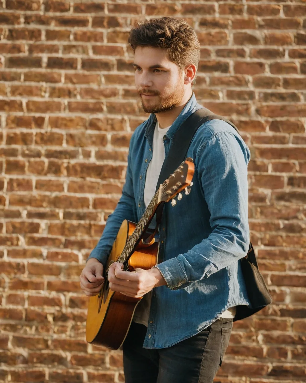 Man holding acoustic guitar standing against brick wall