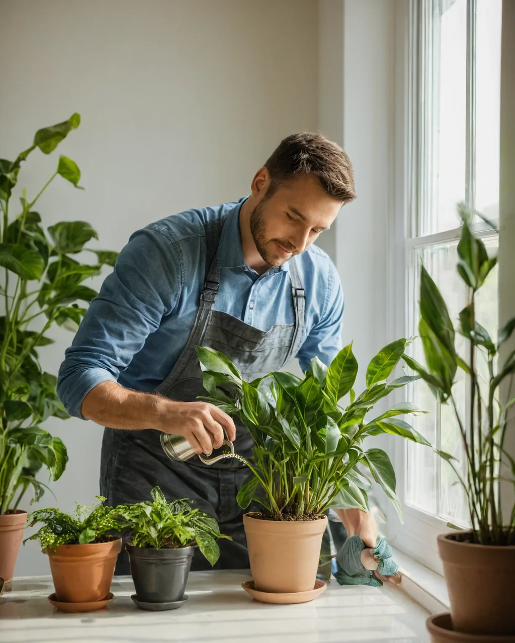 Man watering potted plants by a bright window indoors