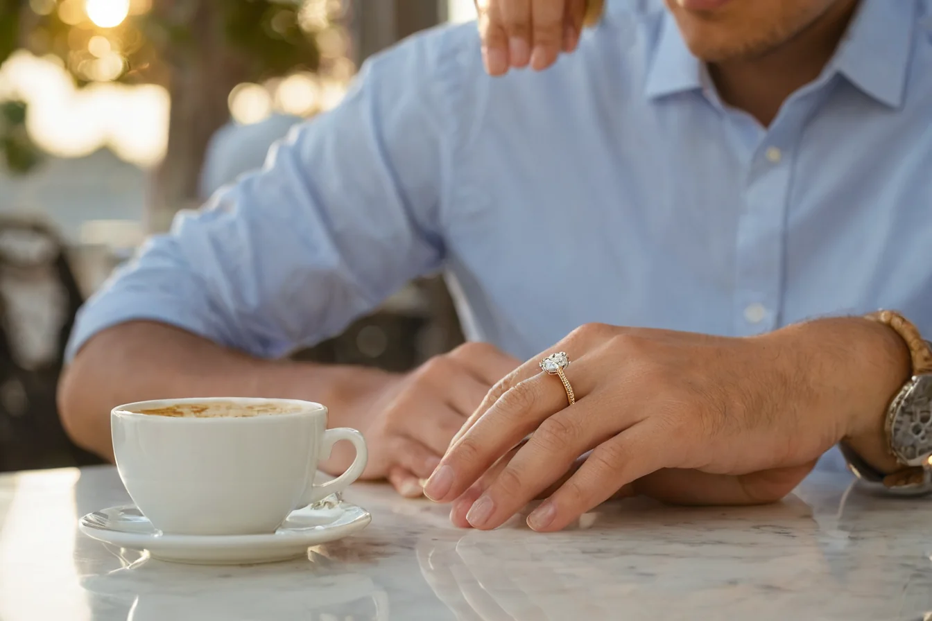 Man wearing diamond engagement ring at outdoor cafe with coffee cup