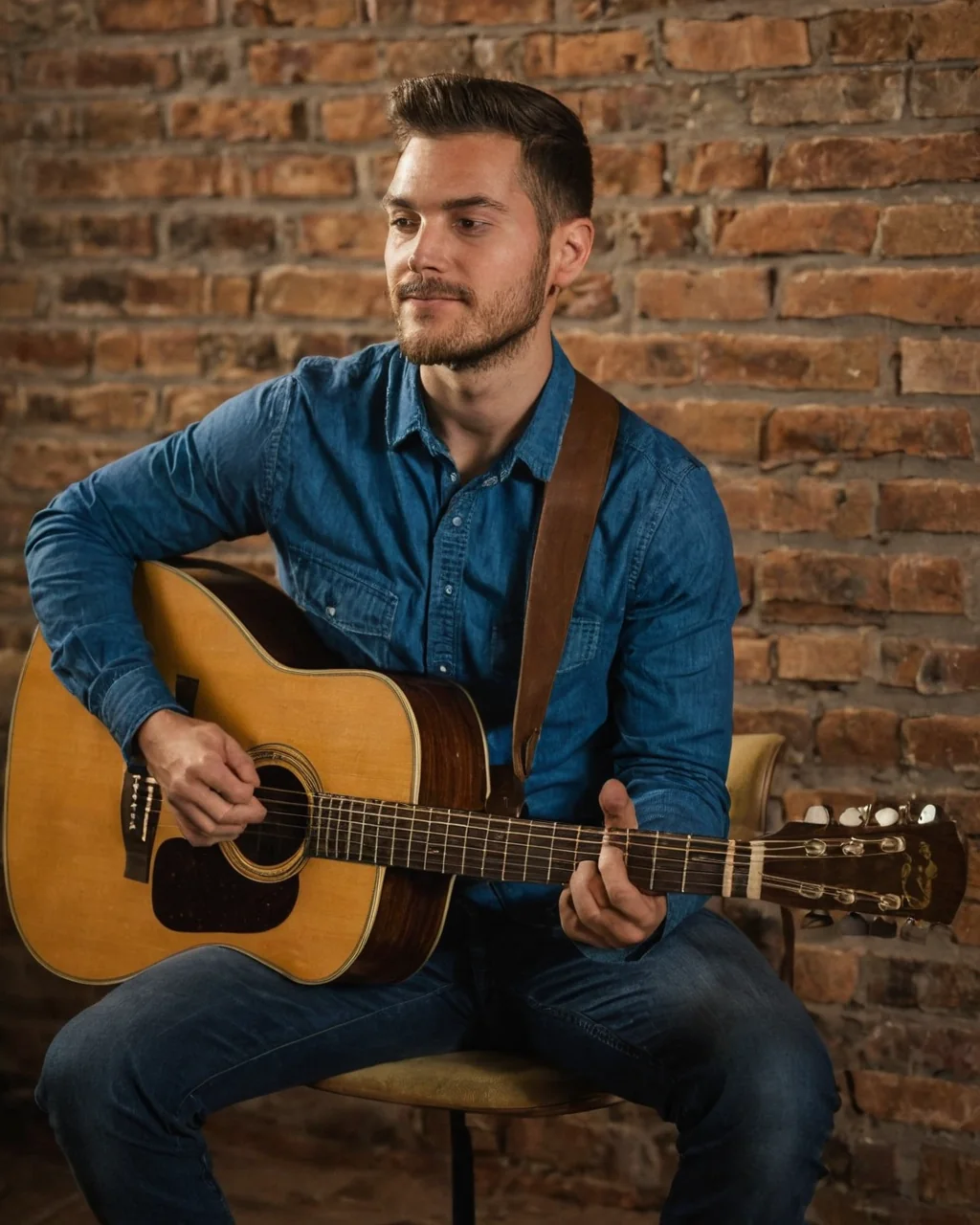 Man with beard playing acoustic guitar against brick wall