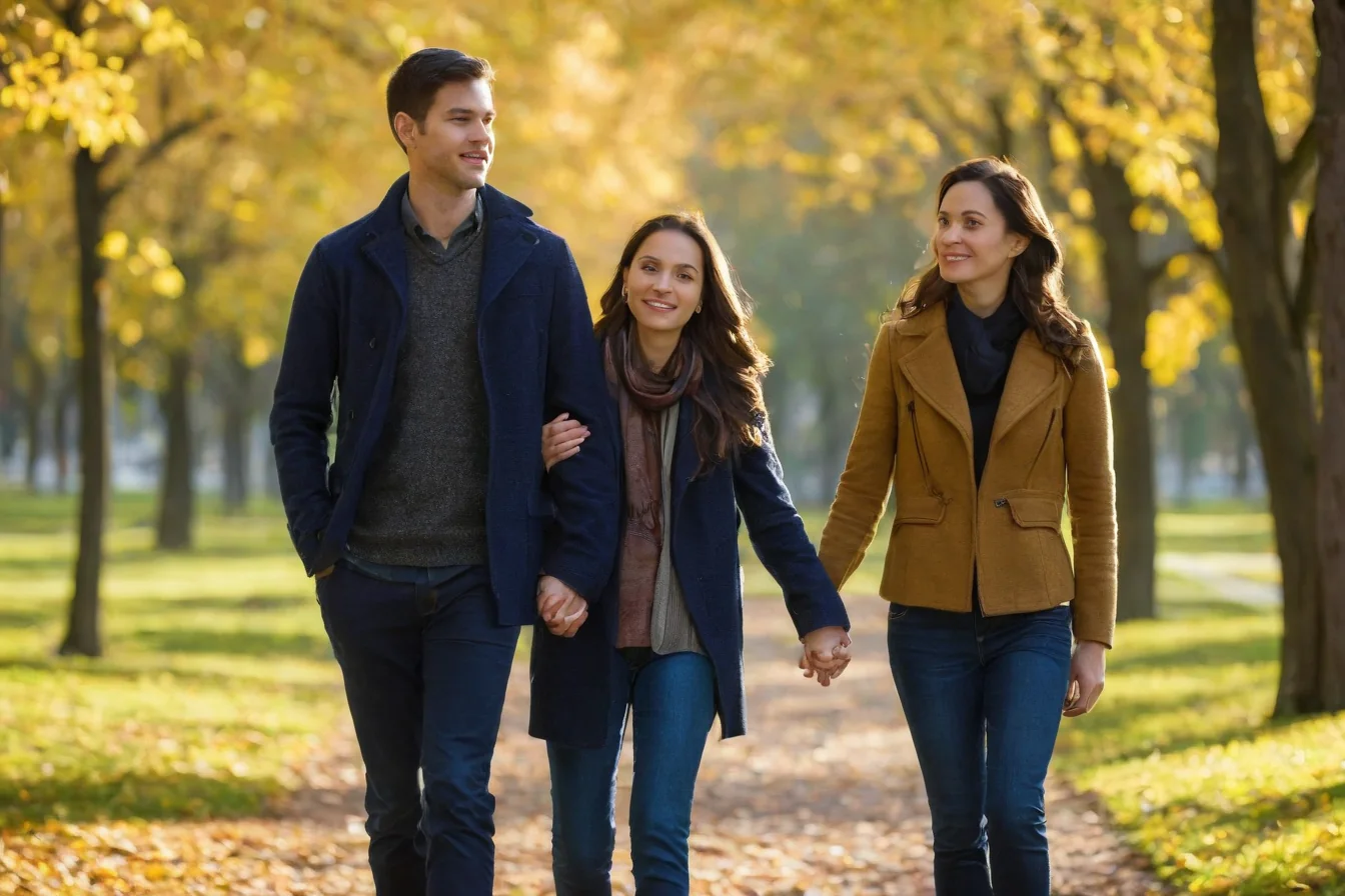 Three people holding hands and walking together in a sunny autumn park with golden leaves.