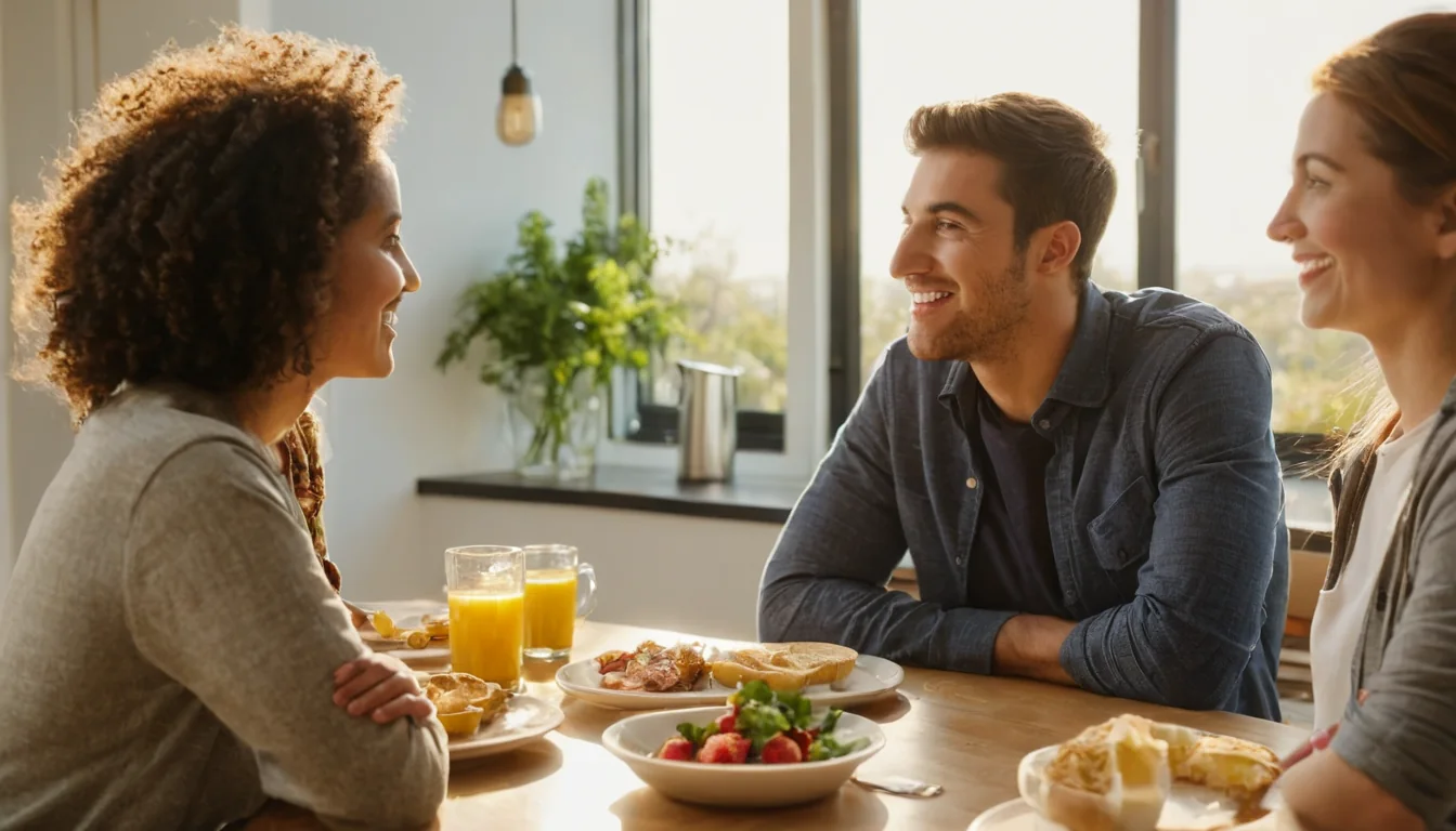 Three people laughing over breakfast at a sunlit wooden table