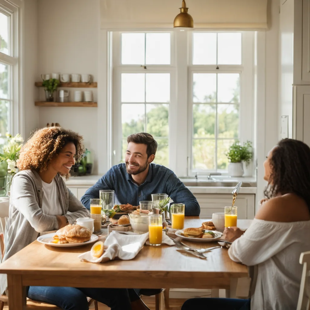 Three people laughing over breakfast at a wooden table in a bright kitchen.