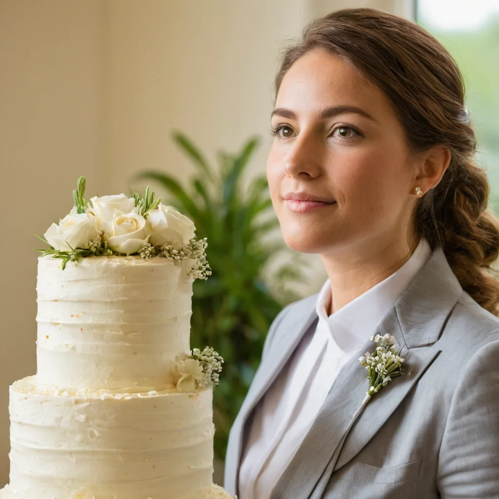 Woman in gray suit beside white wedding cake with roses and greenery