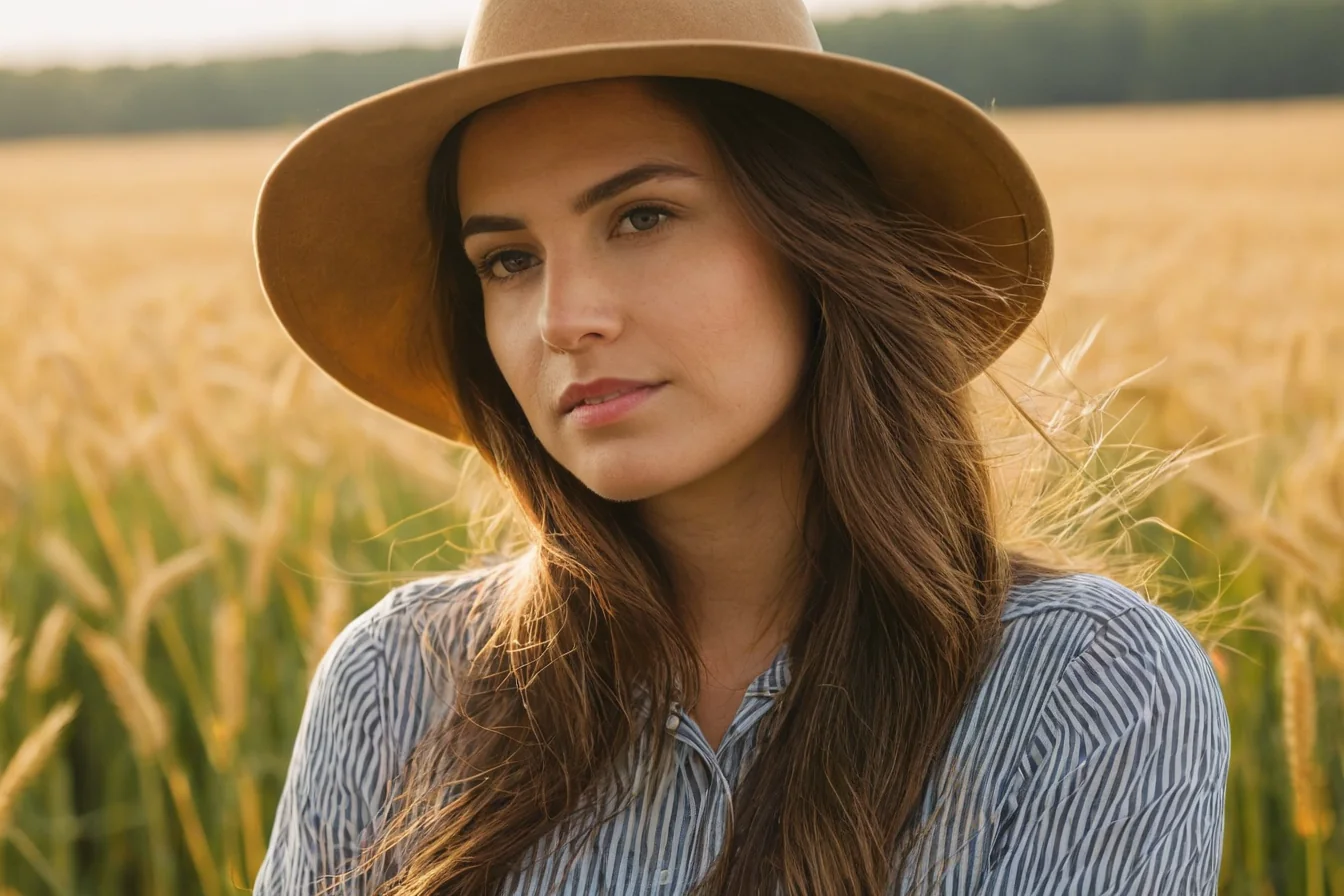 Woman in hat and striped shirt standing in golden wheat field at sunset