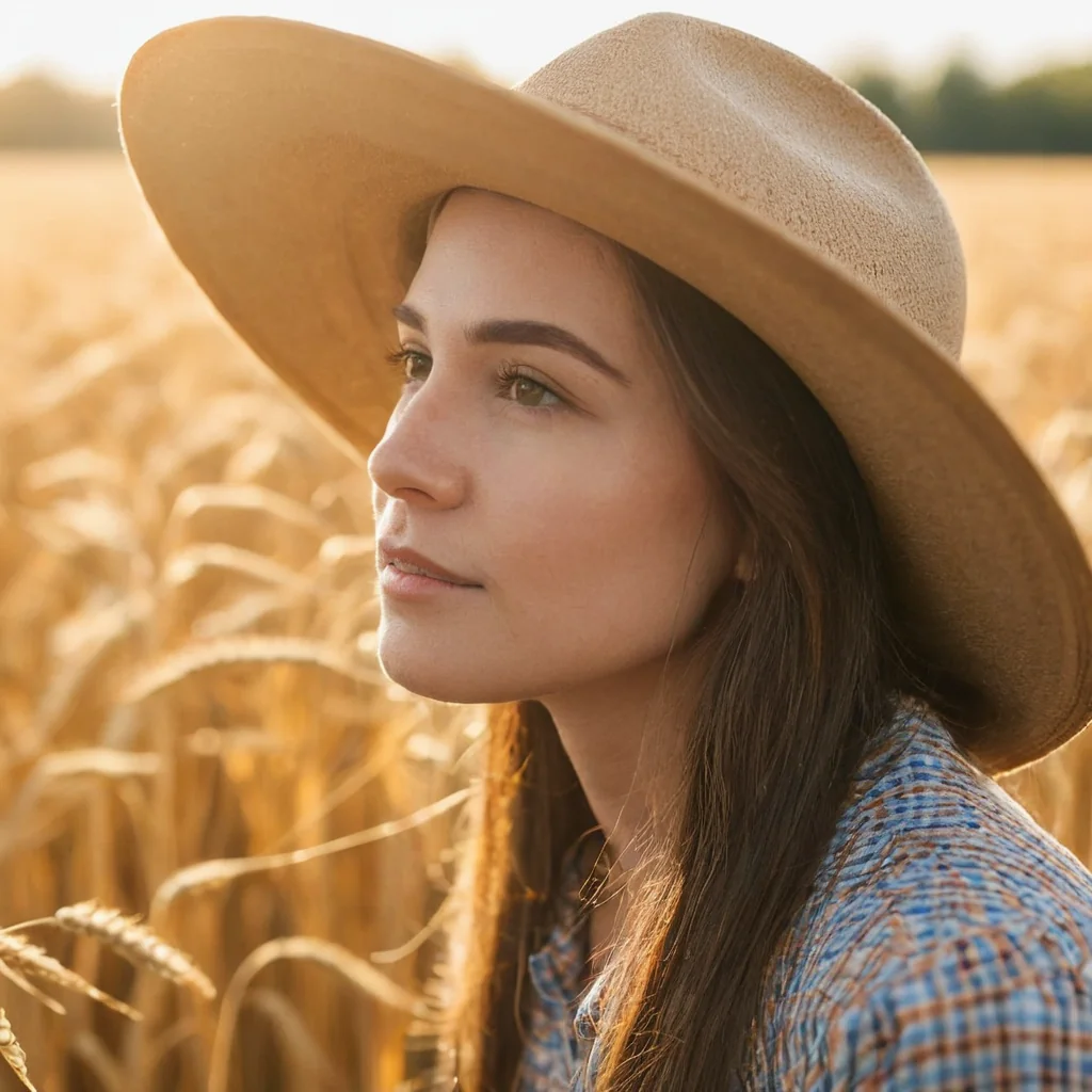 Woman wearing a hat standing in a wheat field at sunset