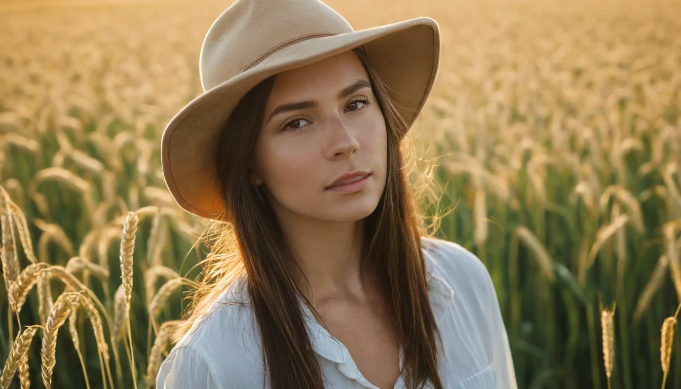 Woman wearing beige hat and white blouse standing in golden wheat field at sunset