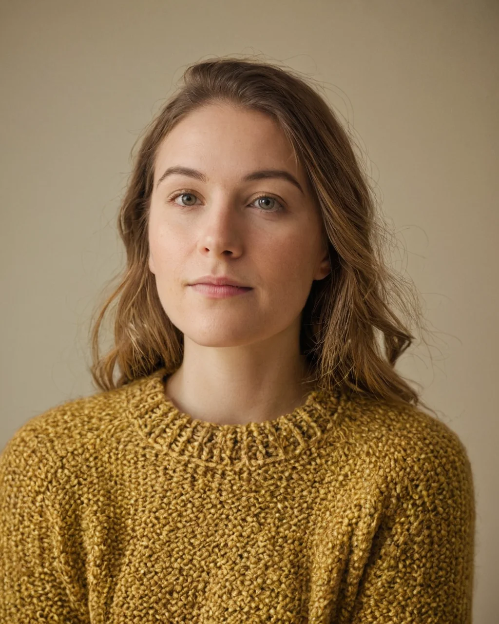 Woman with brown hair wearing a mustard yellow knit sweater against a beige background.