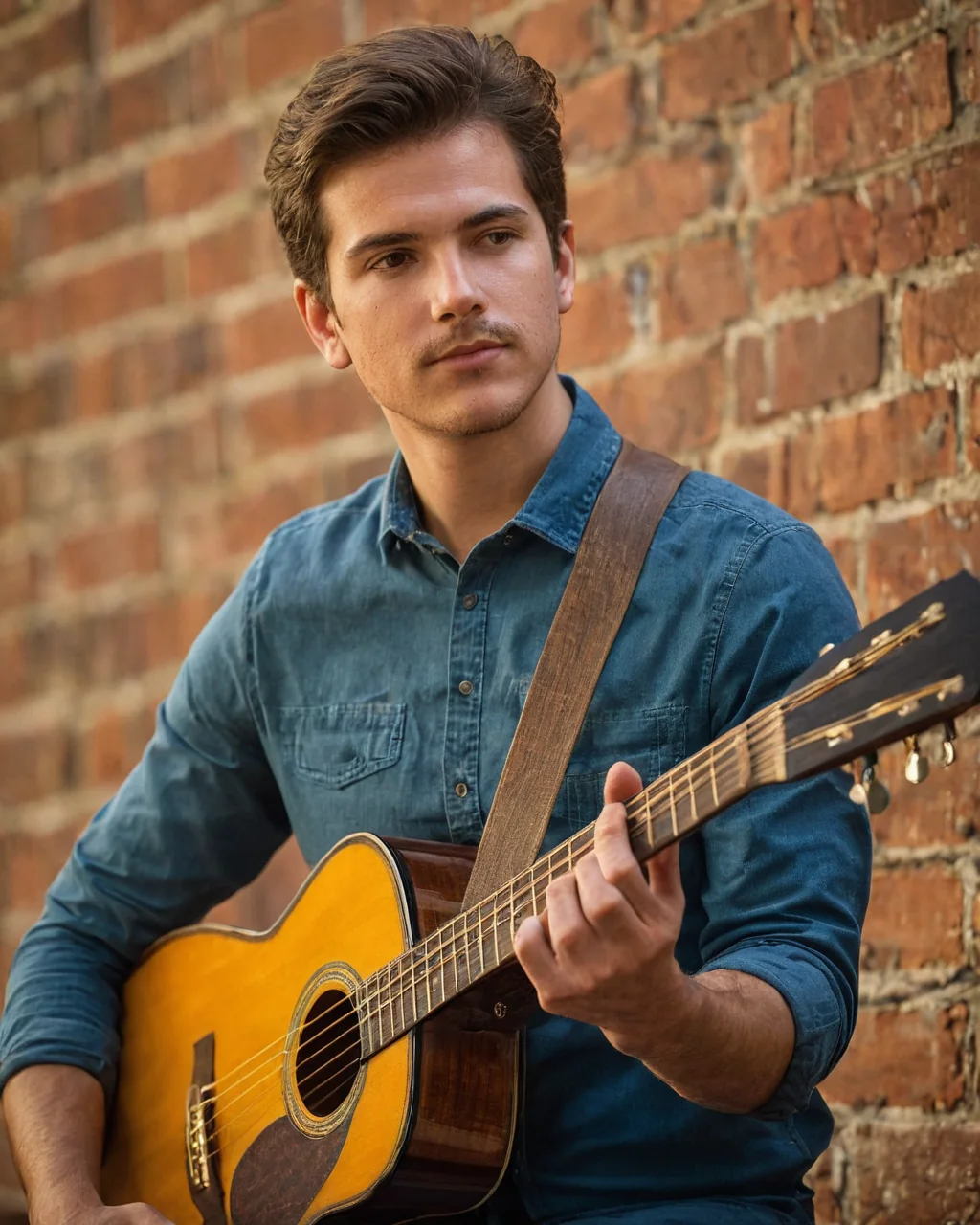 Young man holding acoustic guitar against brick wall in denim shirt