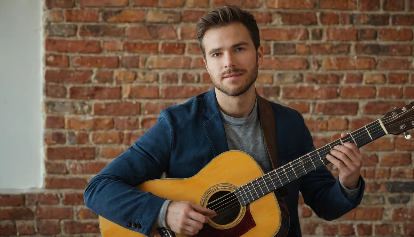 Young man holding acoustic guitar in front of brick wall wearing blue blazer