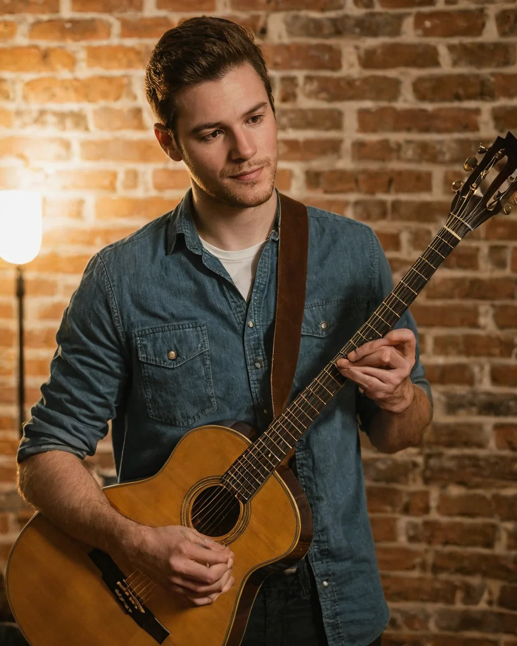 Young man holding acoustic guitar in front of brick wall with warm lighting