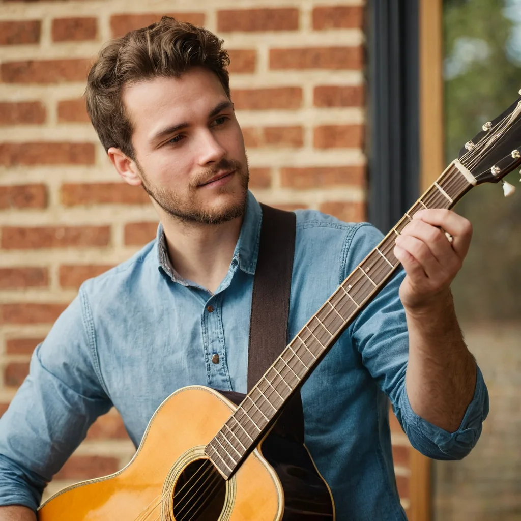 Young man holding acoustic guitar near brick wall