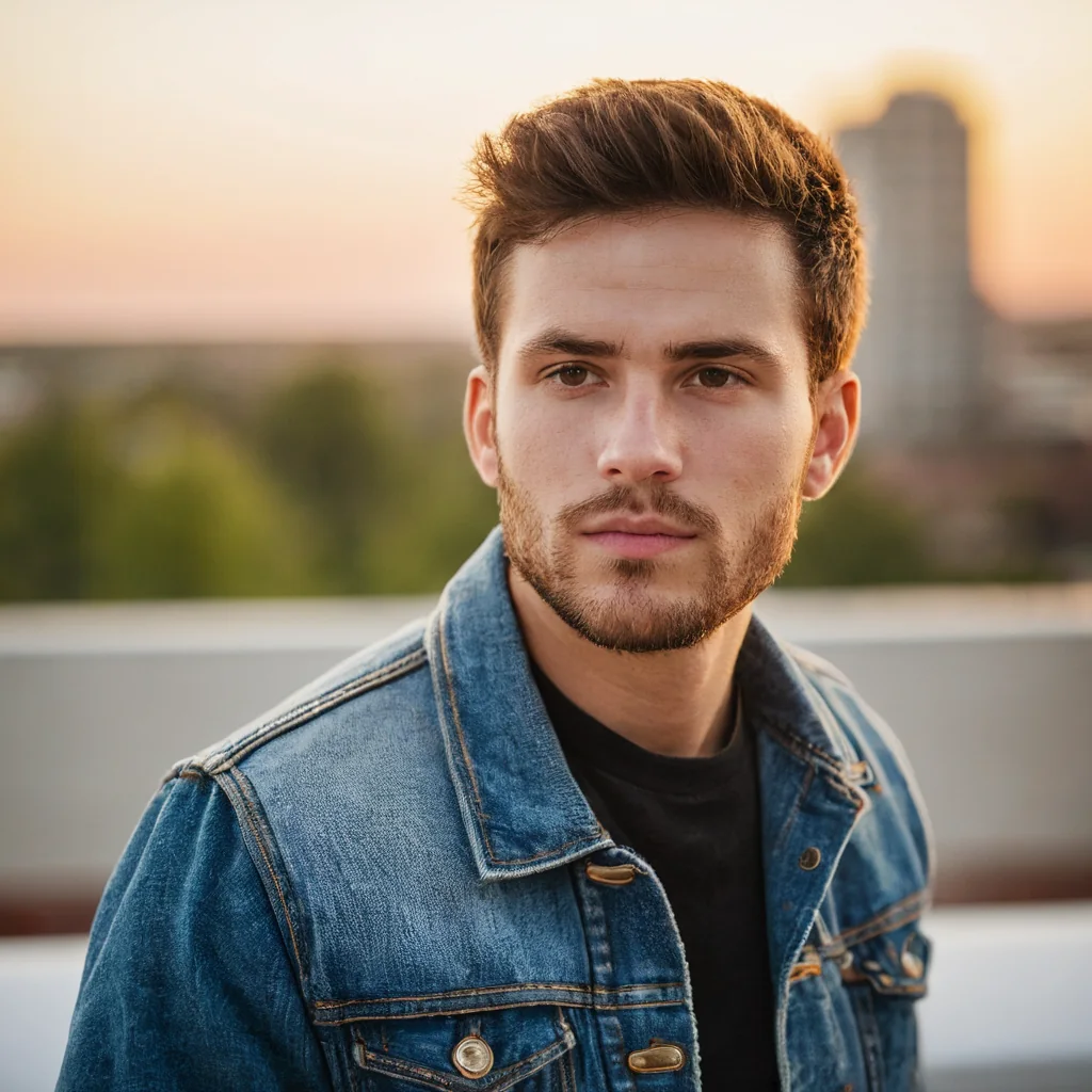 Young man in denim jacket looking at camera during sunset city view