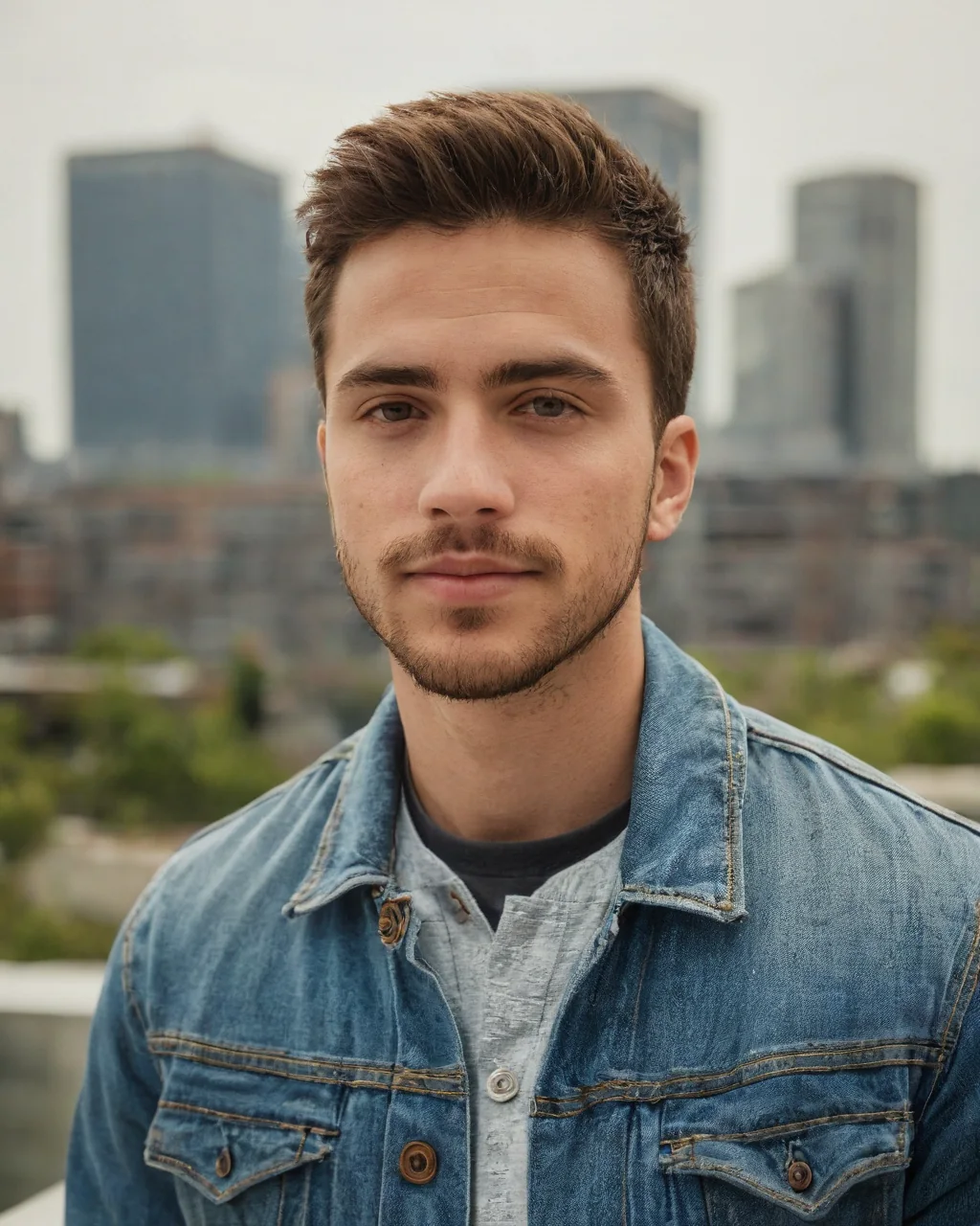 Young man in denim jacket standing on rooftop with city buildings behind him