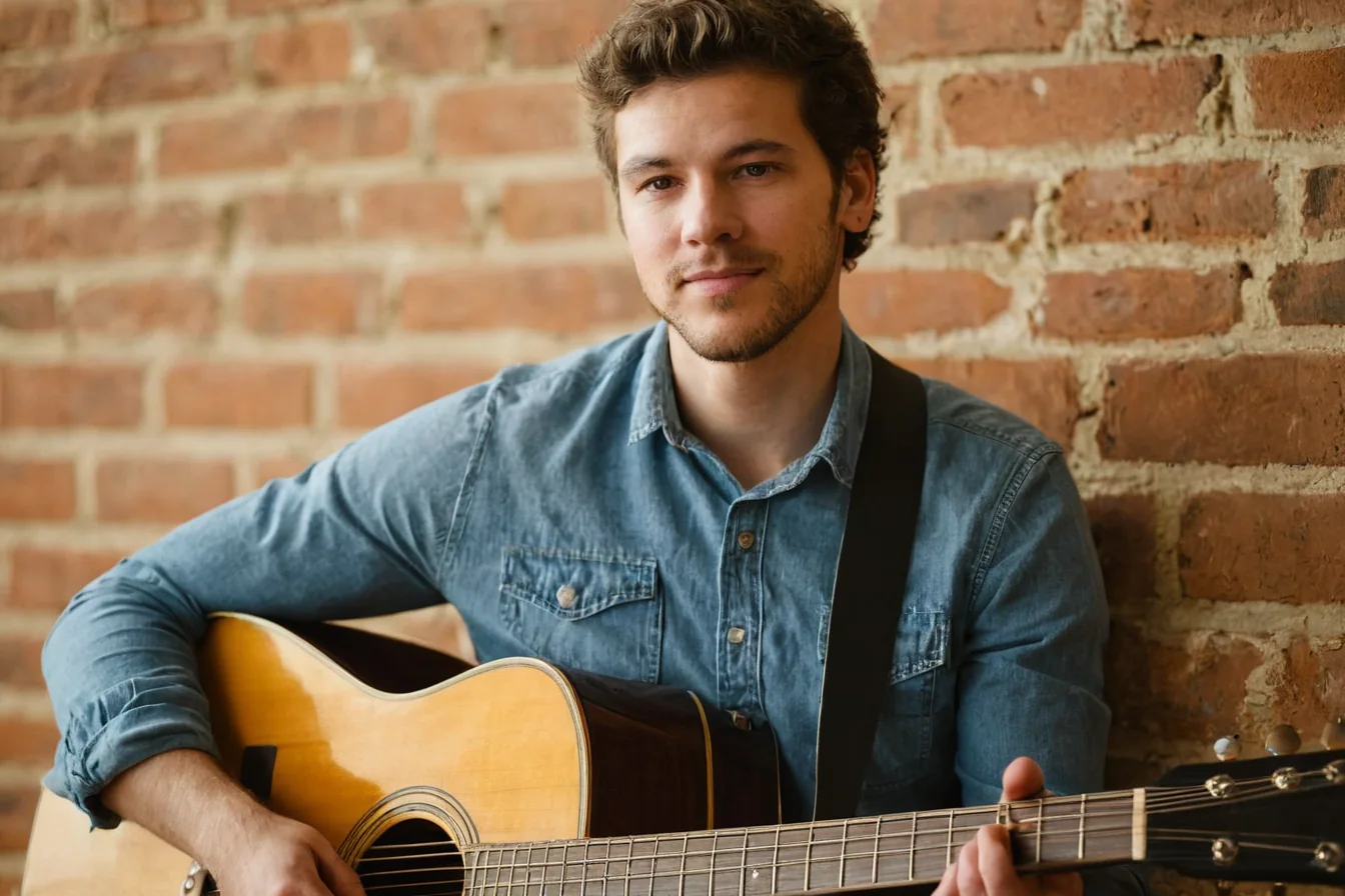 Young man in denim shirt holding acoustic guitar against brick wall