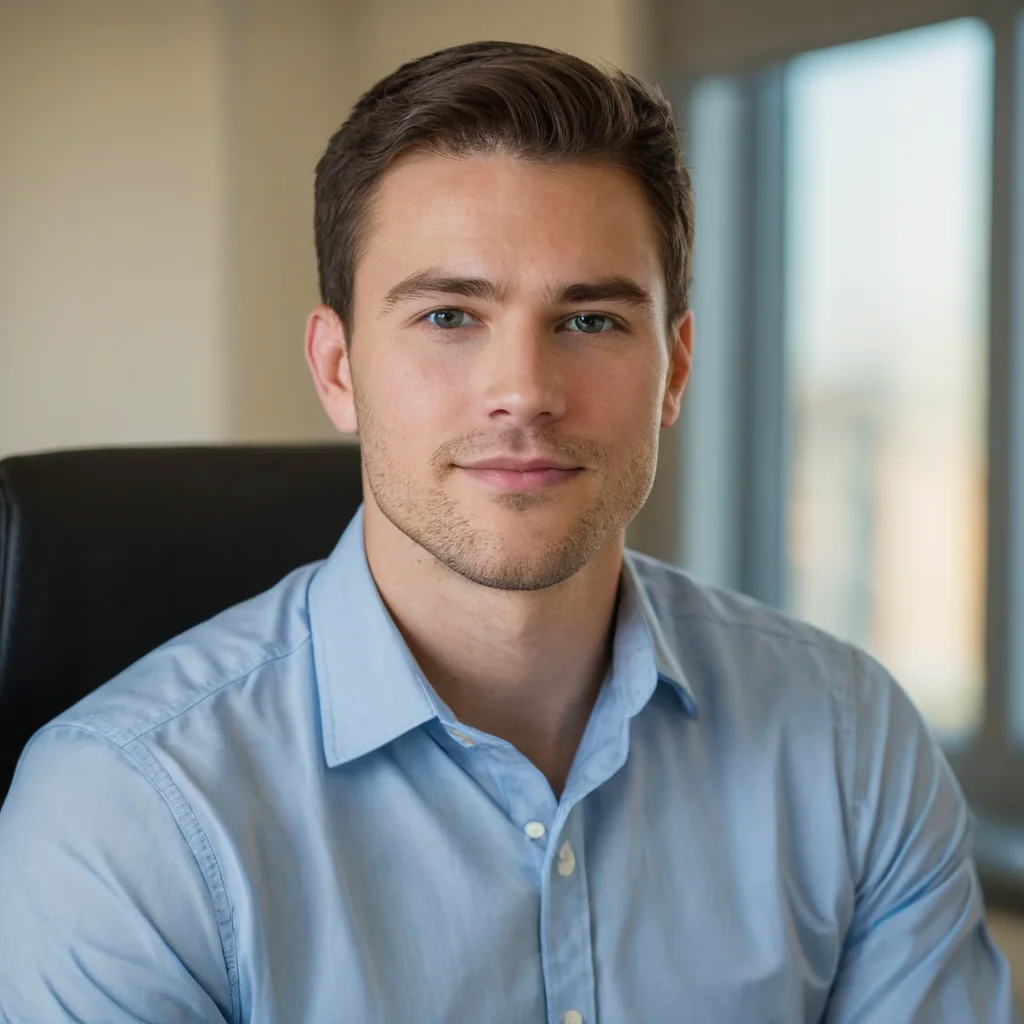 Young man in light blue shirt sitting in office chair near window