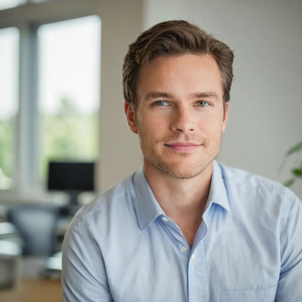 Young man in light blue shirt smiling in modern office with window background