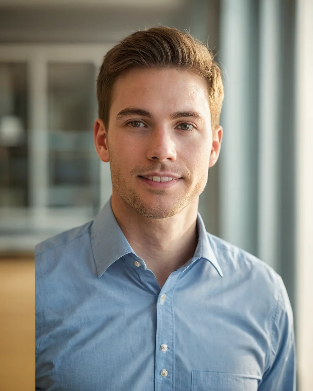 Young man in light blue shirt smiling indoors near window