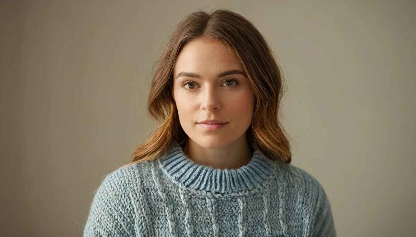 Young woman in blue knit sweater against beige background